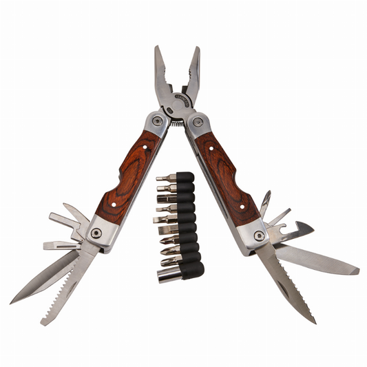 Wood Handle Stainless Steel Multi Tool with Bits 7"Open