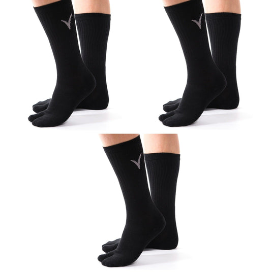 3 Pairs Athletic - V-Toe Flip Flop Tabi Big Toe Crew Sports Or Casual Black Solid Socks by V-Toe Socks, Inc - The Hammer Sports