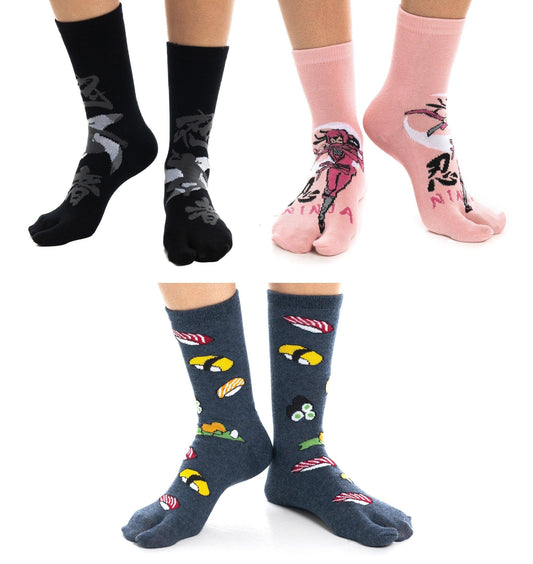 3 Pairs - V-Toe Split Toe Socks Big Toe Tabi Black Ninja, Pink Ninja and Sushi Crew by V-Toe Socks, Inc - The Hammer Sports