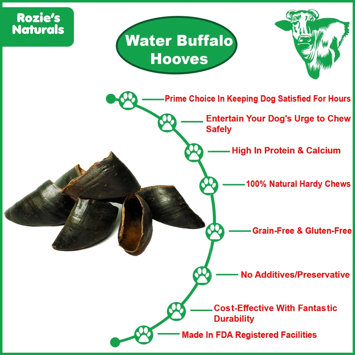 WATER BUFFALO HOOVES-100% Natural, High Protein, Long-Lasting, Grain-Free, Gluten-Free, Dog Dental Treat & Chews, 4 COUNT-10 oz