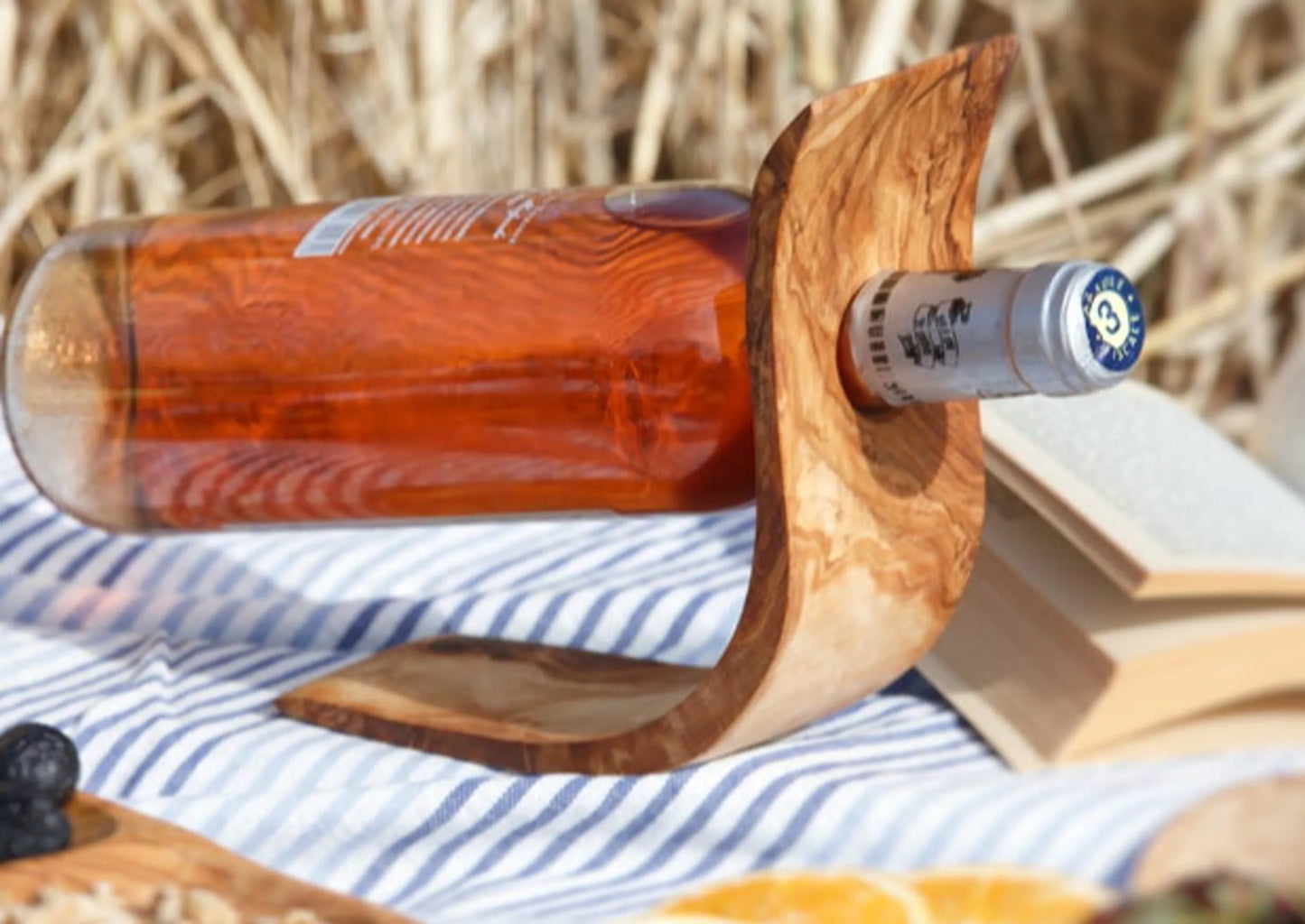 Balancing Freestanding Olive Wood Wine Bottle Holder, Decorative Housewarming Gift, Father's Day