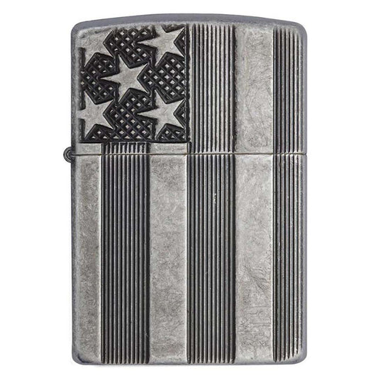 Zippo Windproof Lighter U.s. Flag Armor Case  Antique Slilver Plate Finish