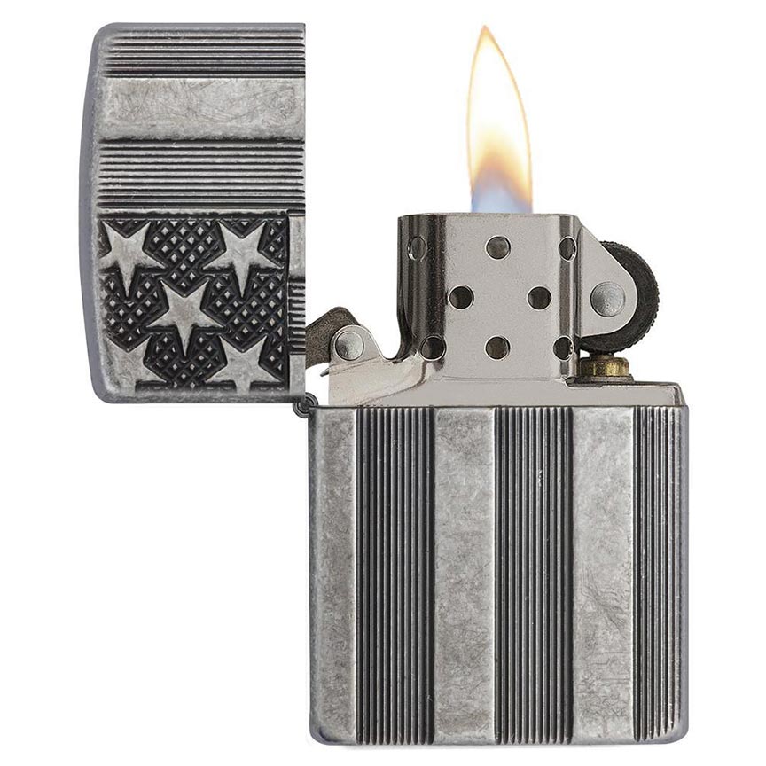 Zippo Windproof Lighter U.s. Flag Armor Case  Antique Slilver Plate Finish