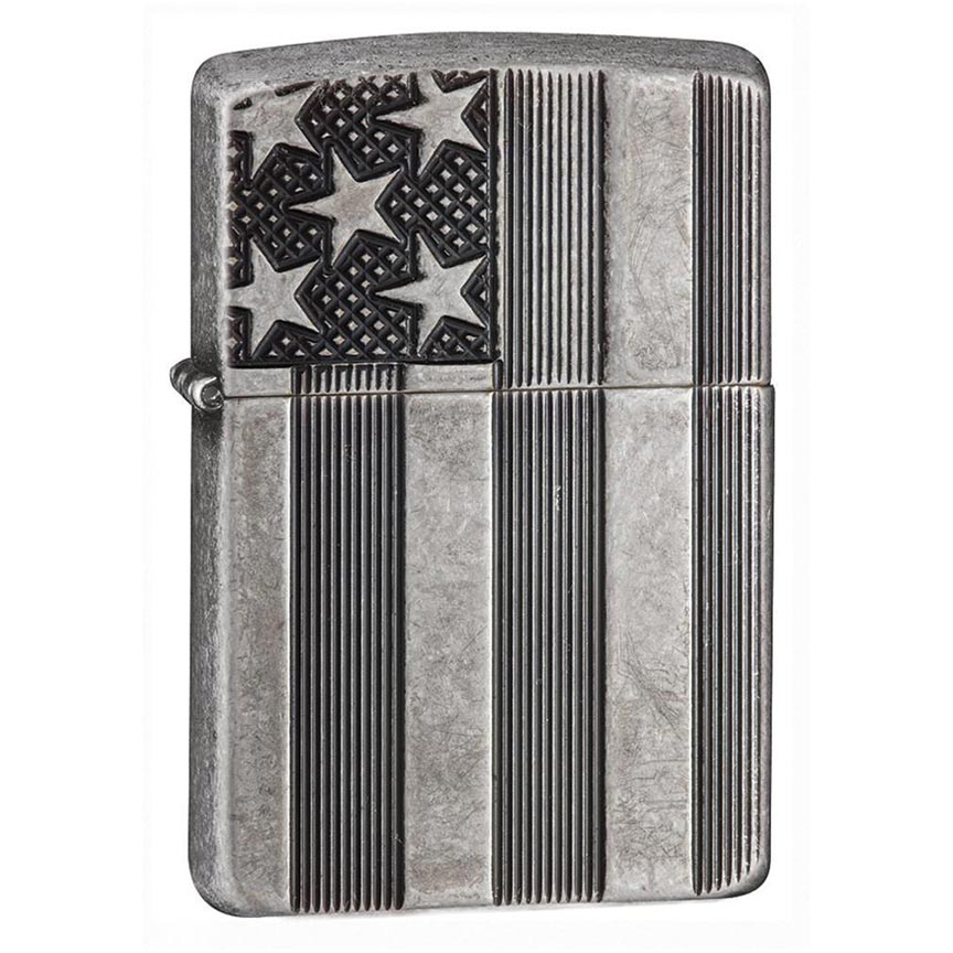 Zippo Windproof Lighter U.s. Flag Armor Case  Antique Slilver Plate Finish