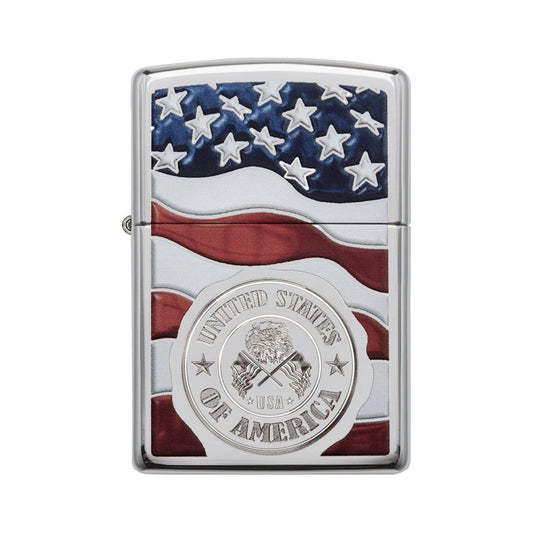 Zippo Windproof Lighter American Stamp On Flag High Polish Chrome Finish