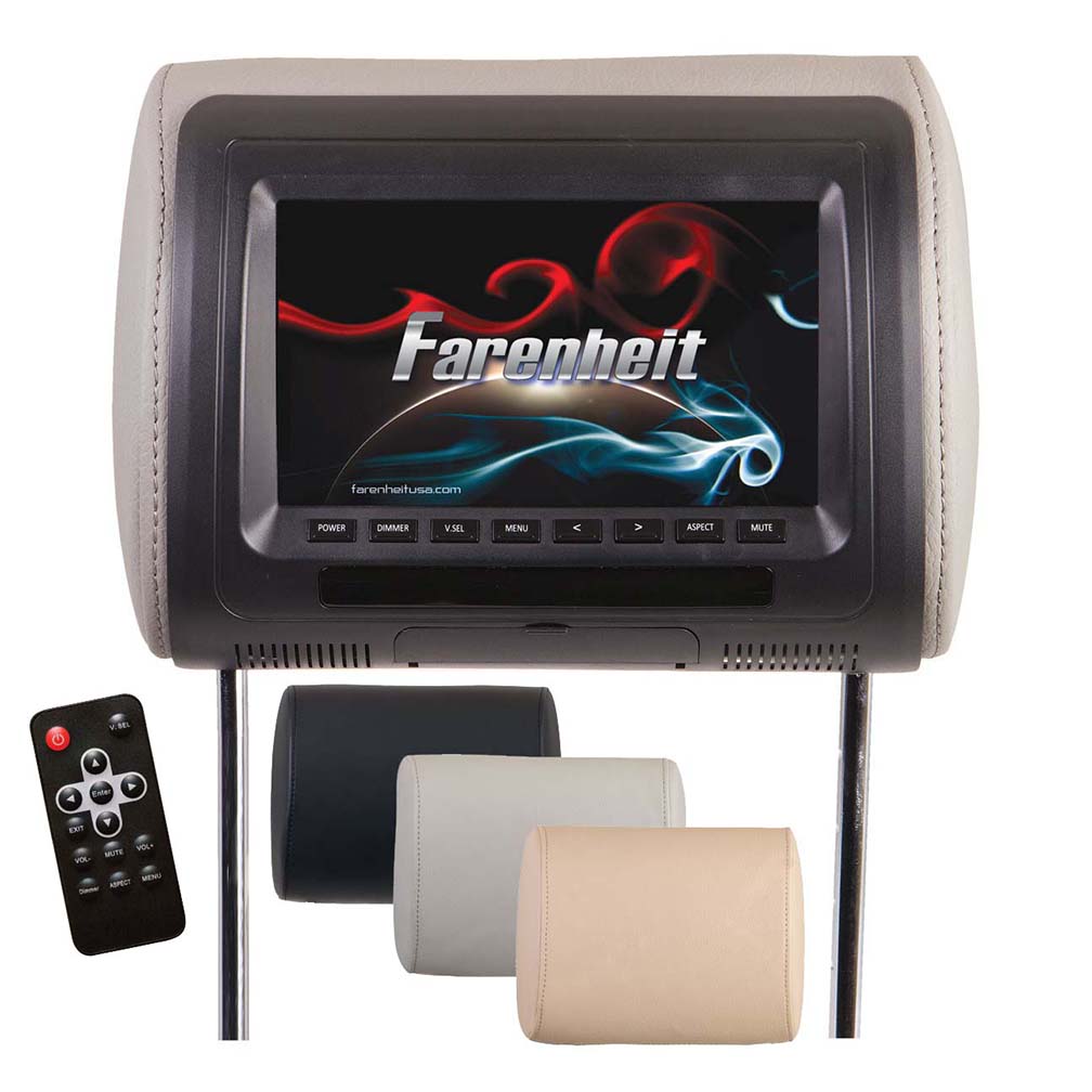 Farenheit Universal  7" Headrest (single) Includes 3 Color Skins (blackgreybeige) Dual Ch Ir Tran